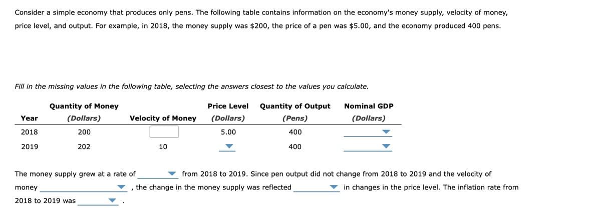 Consider a simple economy that produces only pens. The following table contains information on the economy's money supply, velocity of money,
price level, and output. For example, in 2018, the money supply was $200, the price of a pen was $5.00, and the economy produced 400 pens.
Fill in the missing values in the following table, selecting the answers closest to the values you calculate.
Quantity of Money
Price Level
Quantity of Output
Nominal GDP
Year
(Dollars)
Velocity of Money
(Dollars)
(Pens)
(Dollars)
2018
200
5.00
400
2019
202
10
400
The money supply grew at a rate of
from 2018 to 2019. Since pen output did not change from 2018 to 2019 and the velocity of
money
, the change in the money supply was reflected
in changes in the price level. The inflation rate from
2018 to 2019 was
