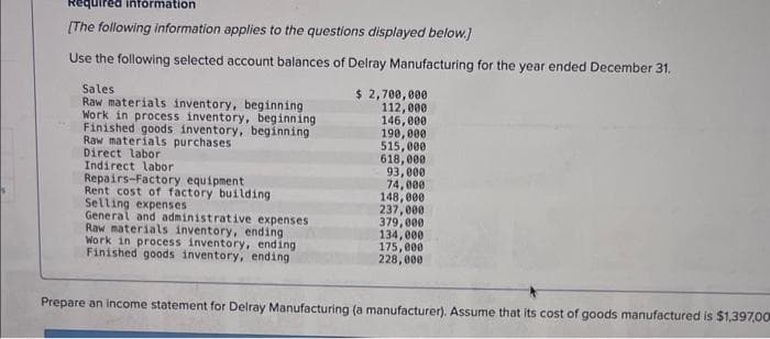 Required information
[The following information applies to the questions displayed below.]
Use the following selected account balances of Delray Manufacturing for the year ended December 31.
Sales
Raw materials inventory, beginning
Work in process inventory, beginning
Finished goods inventory, beginning
Raw materials purchases.
Direct labor
Indirect labor
Repairs-Factory equipment
Rent cost of factory building
Selling expenses
General and administrative expenses
Raw materials inventory, ending
Work in process inventory, ending
Finished goods inventory, ending
$ 2,700,000
112,000
146,000
190,000
515,000
618,000.
93,000
74,000
148,000
237,000
379,000
134,000
175,000
228,000
Prepare an income statement for Delray Manufacturing (a manufacturer). Assume that its cost of goods manufactured is $1,397,00