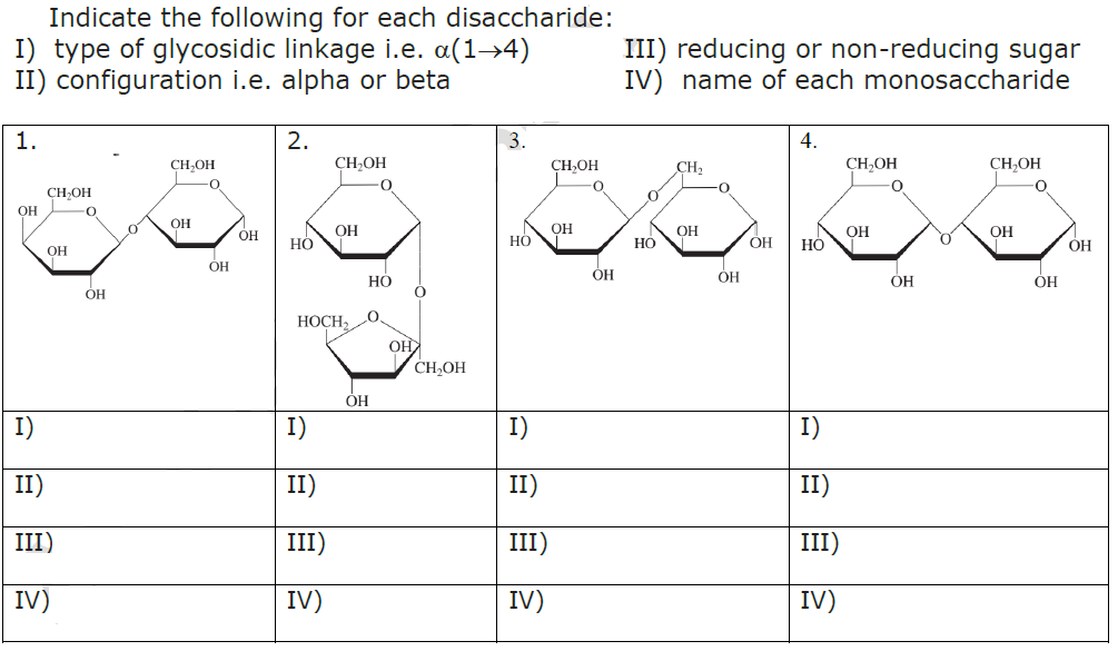 Indicate the following for each disaccharide:
I) type of glycosidic linkage i.e. a(1→4)
II) configuration i.e. alpha or beta
1.
OH
CH₂OH
0
OH
I)
II)
III)
IV)
OH
CH₂OH
-0
OH
ОН
OH
2.
HO
CH₂OH
0
I)
II)
III)
IV)
ОН
HOCH2
ОН
HO
ОН
CH₂OH
3.
CH, OH
CH2
О
CG
OH
ОН
HO
ОН
HỎ
I)
II)
III)
III) reducing or non-reducing sugar
IV) name of each monosaccharide
IV)
OH
OH
4.
HO
I)
II)
III)
IV)
CH₂OH
OH
0
ОН
CH₂OH
OH
ОН
OH