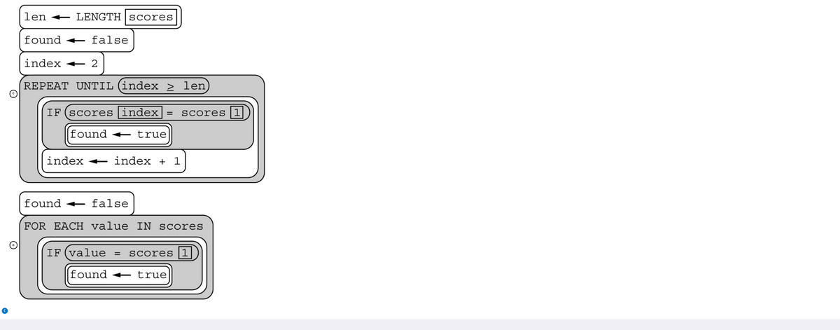 len
LENGTH| scores
%3E
found «
false
index + 2
REPEAT UNTIL (index > len)
IF (scores index
Scores |1
found
+ true
index <E
index + 1
found +
false
FOR EACH value IN scores
IF (value
scores |1|
found true
