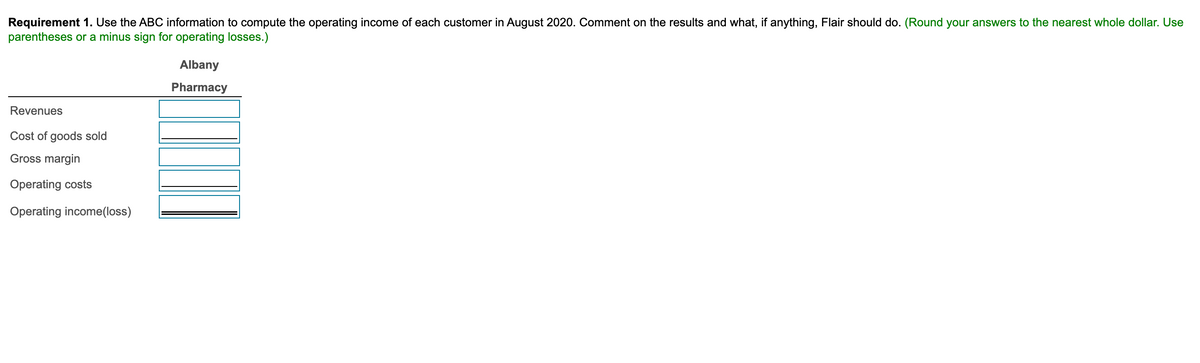 Requirement 1. Use the ABC information to compute the operating income of each customer in August 2020. Comment on the results and what, if anything, Flair should do. (Round your answers to the nearest whole dollar. Use
parentheses or a minus sign for operating losses.)
Revenues
Cost of goods sold
Gross margin
Operating costs
Operating income(loss)
Albany
Pharmacy