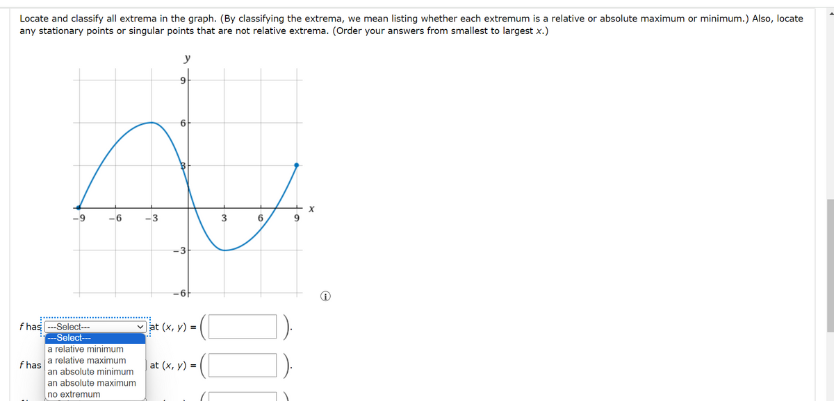 Locate and classify all extrema in the graph. (By classifying the extrema, we mean listing whether each extremum is a relative or absolute maximum or minimum.) Also, locate
any stationary points or singular points that are not relative extrema. (Order your answers from smallest to largest x.)
9
y
-9
-6
-3
-3
f has --Select---
f has
---Select---
a relative minimum
a relative maximum
an absolute minimum
an absolute maximum
no extremum
✓ at (x, y) =
at (x, y) =
9
60
16
x