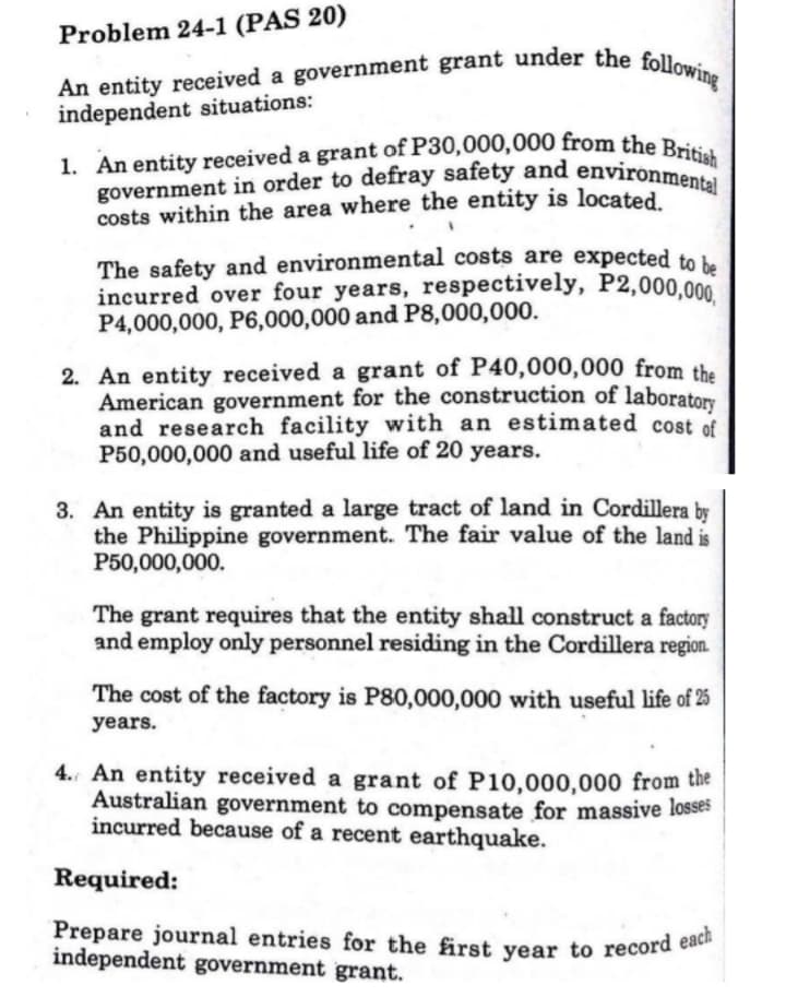 government in order to defray safety and environmental
incurred over four years, respectively, P2,000,000,
Prepare journal entries for the first year to record each
An entity received a government grant under the following
1. An entity received a grant of P30,000,000 from the British
Problem 24-1 (PAS 20)
An entity received a government grant under the follo
independent situations:
costs within the area where the entity is located.
The safety and environmental costs are expected to be
P4,000,000, P6,000,000 and P8,000,000.
2. An entity received a grant of P40,000,000 from the
American government for the construction of laboratory
and research facility with an estimated cost of
P50,000,000 and useful life of 20 years.
3. An entity is granted a large tract of land in Cordillera by
the Philippine government. The fair value of the land is
P50,000,000.
The grant requires that the entity shall construct a factory
and employ only personnel residing in the Cordillera region.
The cost of the factory is P80,000,000 with useful life of 25
years.
4. An entity received a grant of P10,000,000 from the
Australian government to compensate for massive losses
incurred because of a recent earthquake.
Required:
Prepare journal entries for the first year to record ea
independent government grant.
