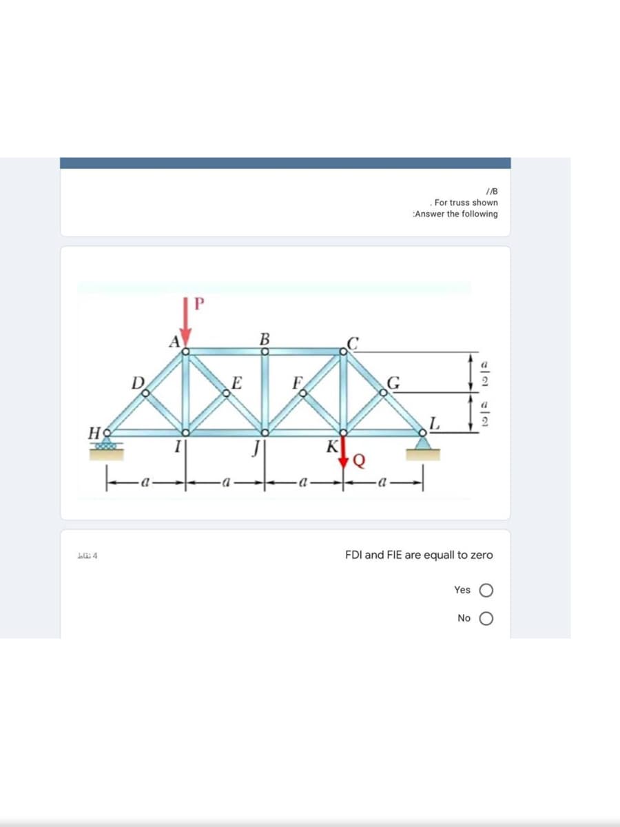 I/B
For truss shown
:Answer the following
P.
E
K
Lläi 4
FDI and FIE are equall to zero
Yes O
No
