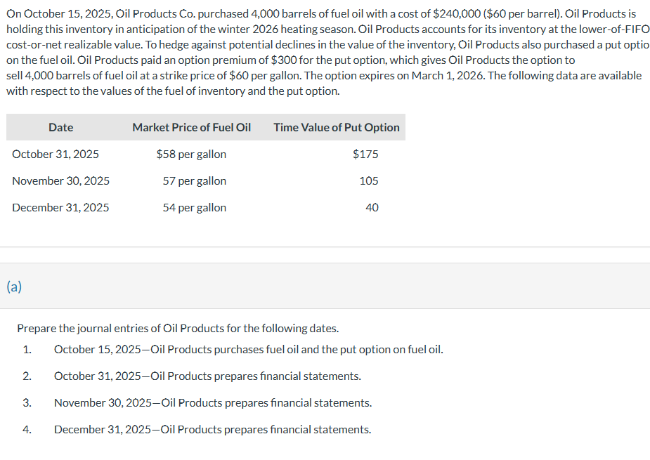 On October 15, 2025, Oil Products Co. purchased 4,000 barrels of fuel oil with a cost of $240,000 ($60 per barrel). Oil Products is
holding this inventory in anticipation of the winter 2026 heating season. Oil Products accounts for its inventory at the lower-of-FIFO
cost-or-net realizable value. To hedge against potential declines in the value of the inventory, Oil Products also purchased a put optio
on the fuel oil. Oil Products paid an option premium of $300 for the put option, which gives Oil Products the option to
sell 4,000 barrels of fuel oil at a strike price of $60 per gallon. The option expires on March 1, 2026. The following data are available
with respect to the values of the fuel of inventory and the put option.
Market Price of Fuel Oil Time Value of Put Option
Date
October 31, 2025
$58 per gallon
$175
November 30, 2025
57 per gallon
105
December 31, 2025
54 per gallon
40
(a)
Prepare the journal entries of Oil Products for the following dates.
1.
October 15, 2025-Oil Products purchases fuel oil and the put option on fuel oil.
2.
October 31, 2025-Oil Products prepares financial statements.
3.
4.
December 31, 2025-Oil Products prepares financial statements.
November 30, 2025-Oil Products prepares financial statements.