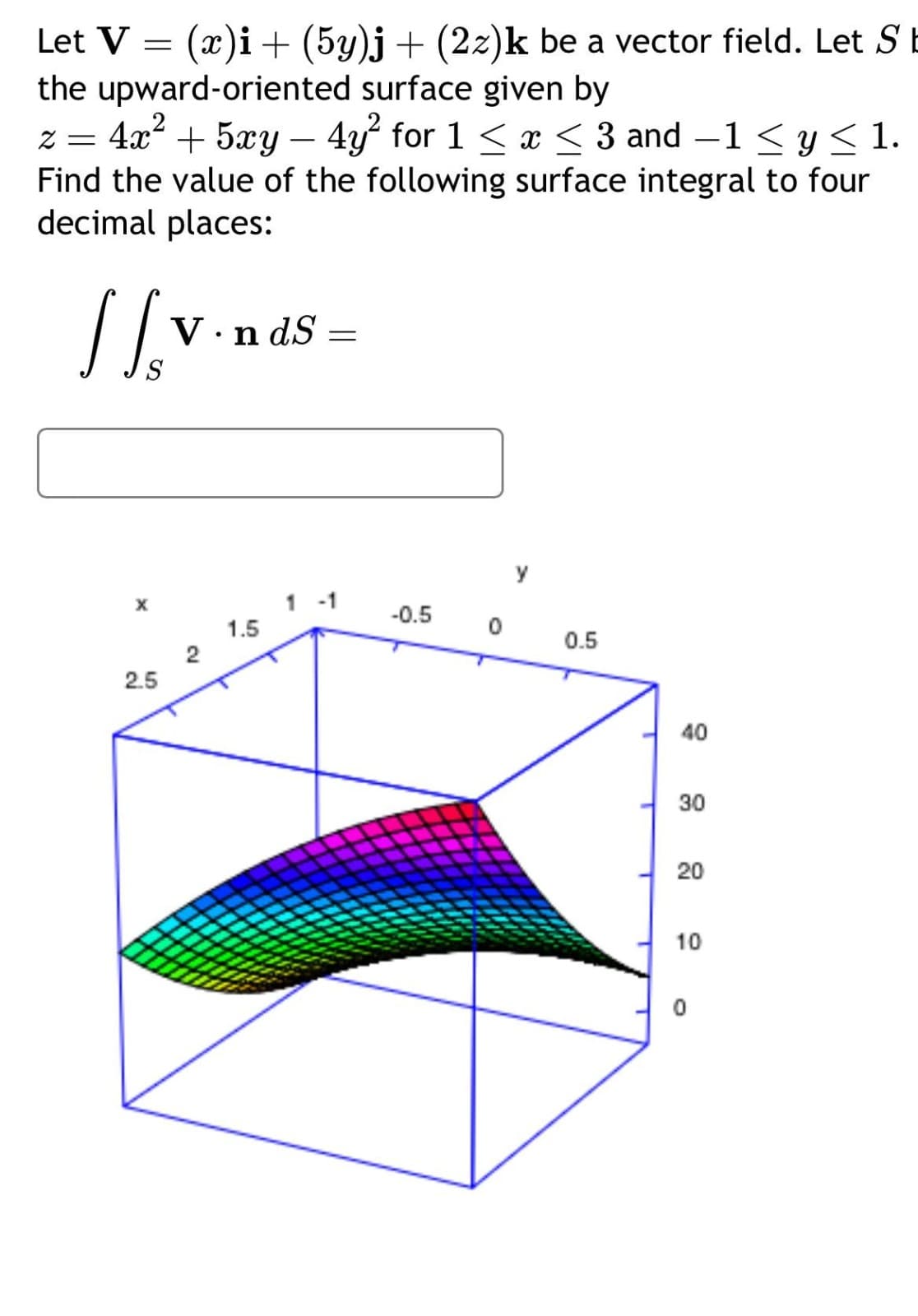Let V = (x)i + (5y)j + (2z)k be a vector field. Let S
the upward-oriented surface given by
z = 4x² + 5xy - 4y² for 1 ≤ x ≤ 3 and −1 ≤ y ≤ 1.
Find the value of the following surface integral to four
decimal places:
[[.v.
X
2.5
V.ndS=
2
1.5
-0.5
0
0.5
40
30
20
10
0