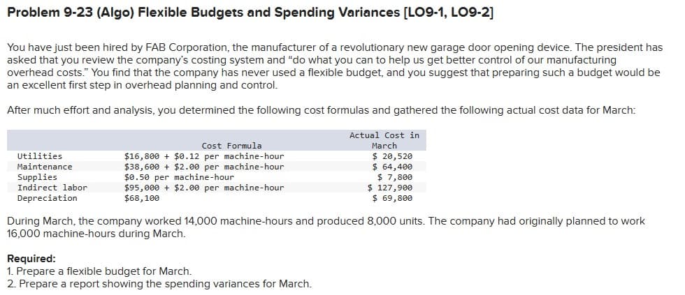 Problem 9-23 (Algo) Flexible Budgets and Spending Variances [LO9-1, LO9-2]
You have just been hired by FAB Corporation, the manufacturer of a revolutionary new garage door opening device. The president has
asked that you review the company's costing system and "do what you can to help us get better control of our manufacturing
overhead costs." You find that the company has never used a flexible budget, and you suggest that preparing such a budget would be
an excellent first step in overhead planning and control.
After much effort and analysis, you determined the following cost formulas and gathered the following actual cost data for March:
Actual Cost in
March
$ 20,520
$ 64,400
$ 7,800
Utilities
Maintenance
Supplies
Indirect labor
Depreciation
Cost Formula
$16,800 + $0.12 per machine-hour
$38,600 + $2.00 per machine-hour
$0.50 per machine-hour
$95,000+ $2.00 per machine-hour
$68,100
$ 127,900
$ 69,800
During March, the company worked 14,000 machine-hours and produced 8,000 units. The company had originally planned to work
16,000 machine-hours during March.
Required:
1. Prepare a flexible budget for March.
2. Prepare a report showing the spending variances for March.