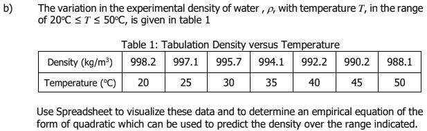 b)
The variation in the experimental density of water, p, with temperature T, in the range
of 20°C <T< 50°C, is given in table 1
Table 1: Tabulation Density versus Temperature
Density (kg/m³)
998.2
997.1
995.7 994.1
992.2
990.2
988.1
Temperature (°C)
20
25
30
35
40
45
50
Use Spreadsheet to visualize these data and to determine an empirical equation of the
form of quadratic which can be used to predict the density over the range indicated.
