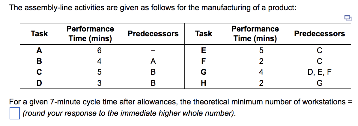 The assembly-line activities are given as follows for the manufacturing of a product:
Performance
Time (mins)
Performance
Time (mins)
6
4
5
3
Task
A
B
с
D
Predecessors
A
B
B
Task
E
F
G
H
524 2
Predecessors
C
с
D, E, F
G
For a given 7-minute cycle time after allowances, the theoretical minimum number of workstations =
(round your response to the immediate higher whole number).