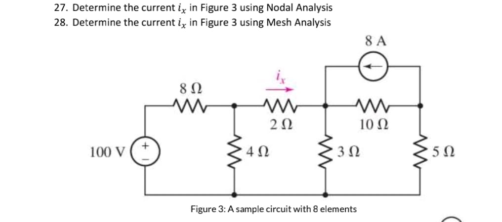 27. Determine the current ix in Figure 3 using Nodal Analysis
28. Determine the current ix in Figure 3 using Mesh Analysis
100 V (+
8 Ω
www
2 Ω
4 Ω
3 Ω
Figure 3: A sample circuit with 8 elements
8 Α
10 Ω
ww
5Ω
