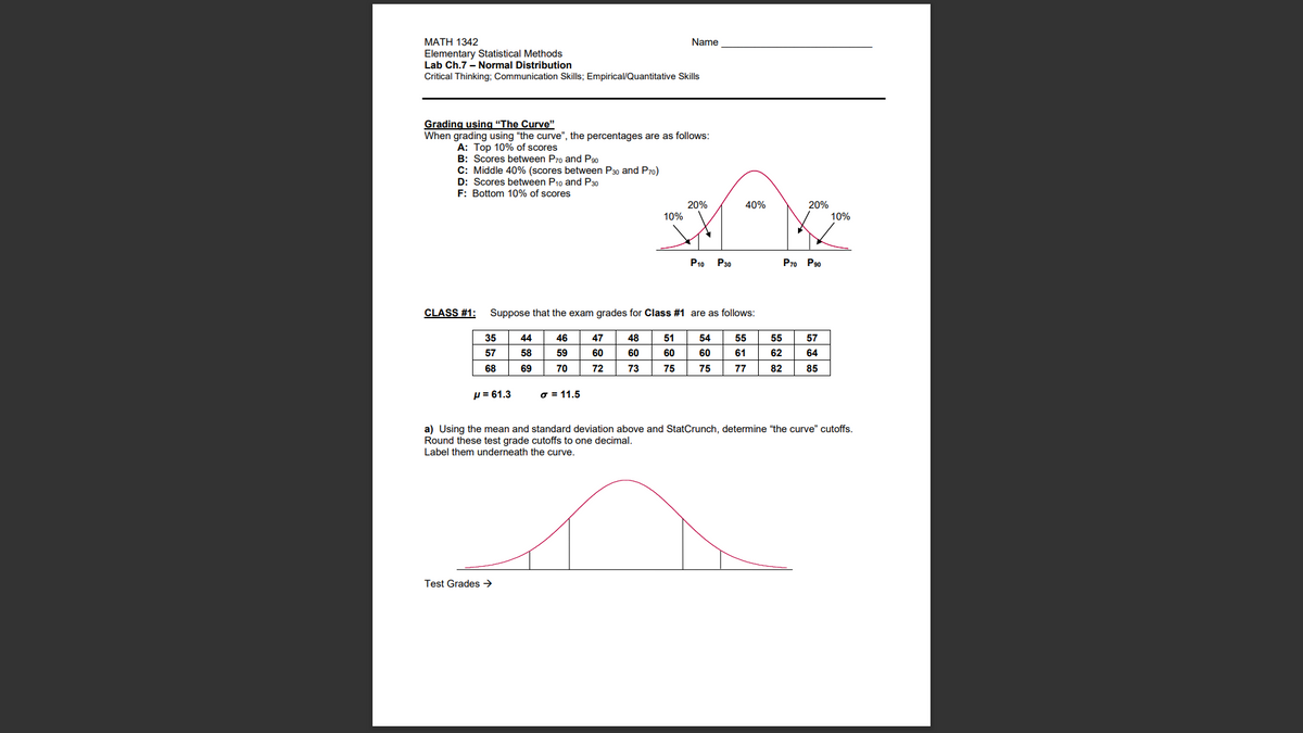 MATH 1342
Elementary Statistical Methods
Lab Ch.7 - Normal Distribution
Name
Critical Thinking; Communication Skills; Empirical/Quantitative Skills
Grading using "The Curve"
When grading using "the curve", the percentages are as follows:
A: Top 10% of scores
B: Scores between P70 and P90
C: Middle 40% (scores between P30 and P70)
D: Scores between P10 and P30
F: Bottom 10% of scores
20%
40%
20%
10%
10%
P10 P30
P70 P90
CLASS #1:
Suppose that the exam grades for Class #1 are as follows:
35
44
46
47
48
51
54
55
55
57
57
58
59
60
60
60
60
61
62
64
68
69
70
72
73
75
75
77
82
85
=61.3
σ 11.5
a) Using the mean and standard deviation above and StatCrunch, determine "the curve" cutoffs.
Round these test grade cutoffs to one decimal.
Label them underneath the curve.
Test Grades →