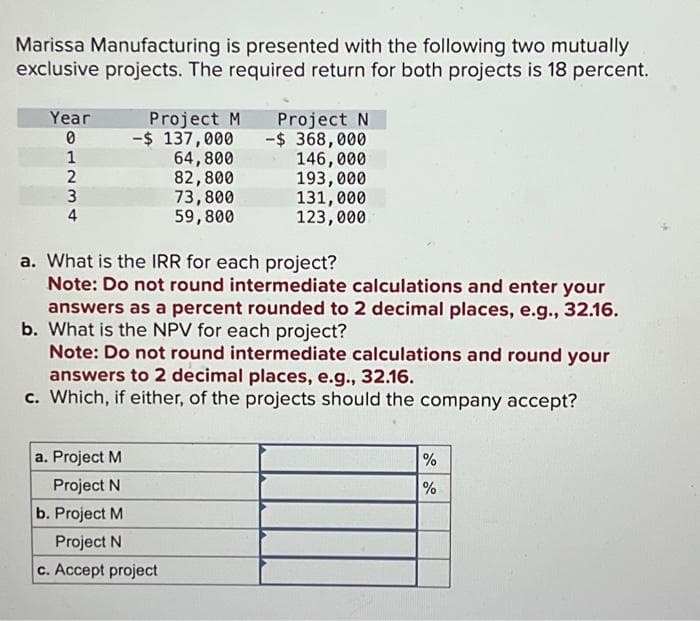 Marissa Manufacturing is presented with the following two mutually
exclusive projects. The required return for both projects is 18 percent.
Year
0
1
2
3
34
4
Project M
-$ 137,000
64,800
82,800
73,800
59,800
Project N
-$368,000
a. Project M
Project N
b. Project M
Project N
c. Accept project
146,000
193,000
131,000
123,000
a. What is the IRR for each project?
Note: Do not round intermediate calculations and enter your
answers as a percent rounded to 2 decimal places, e.g., 32.16.
b. What is the NPV for each project?
Note: Do not round intermediate calculations and round your
answers to 2 decimal places, e.g., 32.16.
c. Which, if either, of the projects should the company accept?
do do
%
%