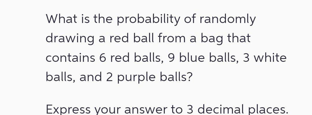 What is the probability of randomly
drawing a red ball from a bag that
contains 6 red balls, 9 blue balls, 3 white
balls, and 2 purple balls?
Express your answer to 3 decimal places.