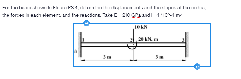 For the beam shown in Figure P3.4, determine the displacements and the slopes at the nodes,
the forces in each element, and the reactions. Take E = 210 GPa and I= 4 *10^-4 m4
10 kN
20 kN. m
3m
3 m
