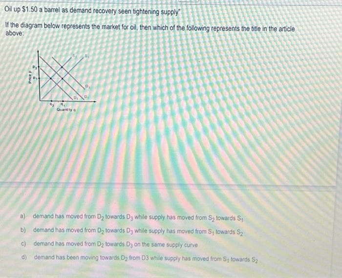 Oil up $1.50 a barrel as demand recovery seen tightening supply
If the diagram below represents the market for oil, then which of the following represents the title in the article
above:
Price P
Gy
4,
Quantity a
D₂
D
a) demand has moved from D₂ towards D3 while supply has moved from S₂ towards S₁
b) demand has moved from D₂ towards D3 while supply has moved from S, towards S₂
c) demand has moved from D2 towards D3 on the same supply curve
d) demand has been moving towards D₂ from D3 while supply has moved from Sy towards S₂