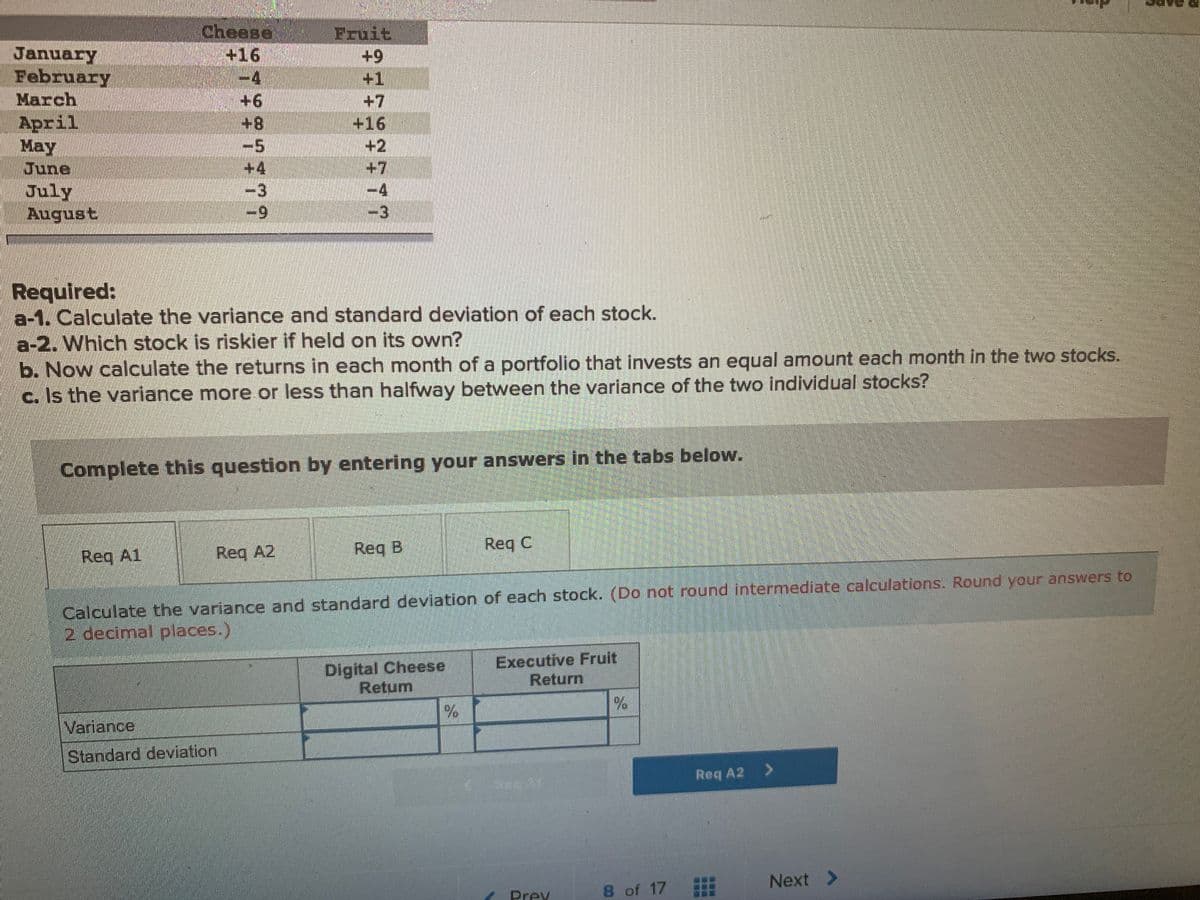 Cheese
+16
-4
+6
+8
-5
+4
-3
Fruit
January
February
March
April
May
June
July
August
+6+
+1
+7
+16
+2
+7
-4
-3
Required:
a-1. Calculate the variance and standard deviation of each stock.
a-2. Which stock is riskier if held on its own?
b. Now calculate the returns in each month of a portfolio that invests an equal amount each month in the two stocks.
c. Is the variance more or less than halfway between the variance of the two individual stocks?
Complete this question by entering your answers in the tabs below.
Req A2
Req B
Req C
Req A1
Calculate the variance and standard deviation of each stock. (Do not round intermediate calculations. Round your answers to
2 decimal places.)
Digital Cheese
Retum
Executive Fruit
Return
Variance
Standard deviation
Req A2 >
Next >
Drev
8 of 17
