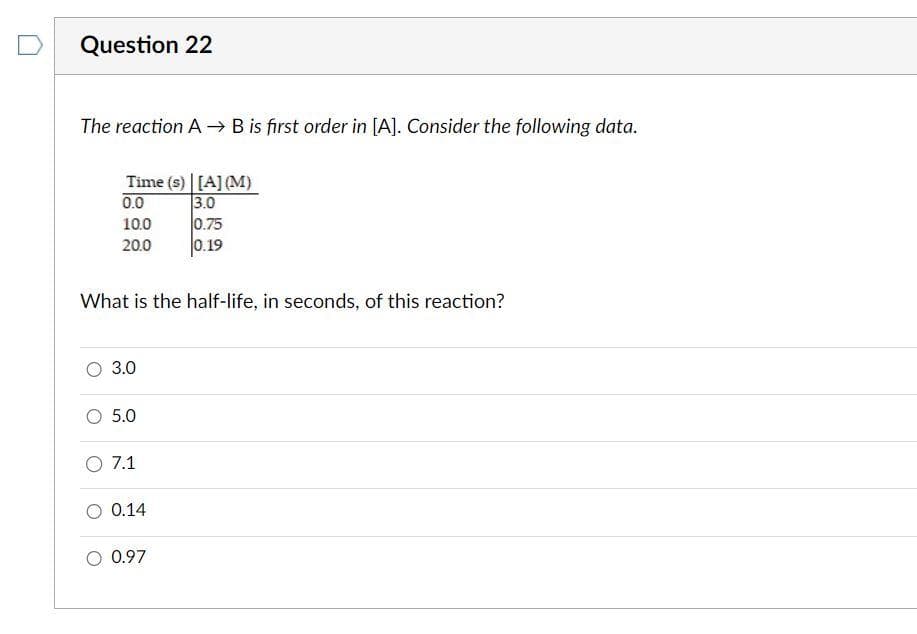 Question 22
The reaction A → B is first order in [A]. Consider the following data.
Time (s) [A] (M)
0.0
3.0
10.0
20.0
What is the half-life, in seconds, of this reaction?
3.0
O 5.0
O 7.1
0.14
0.75
0.19
0.97