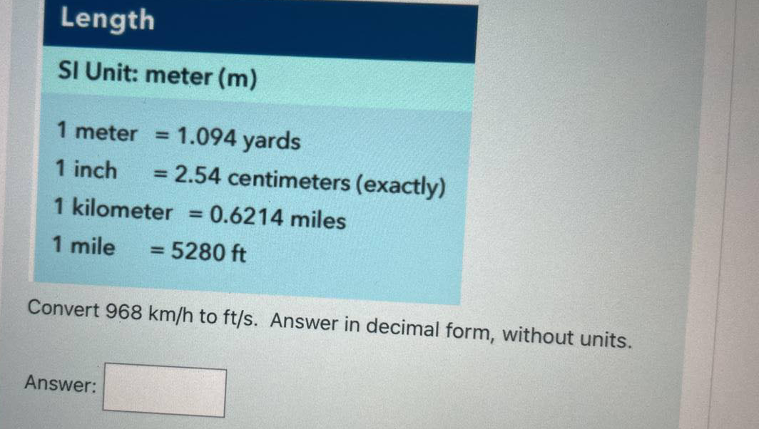 Length
SI Unit: meter (m)
1 meter 1.094 yards
%3D
1 inch
= 2.54 centimeters (exactly)
%3D
1 kilometer = 0.6214 miles
%3D
1 mile
= 5280 ft
%3D
Convert 968 km/h to ft/s. Answer in decimal form, without units.
Answer:
