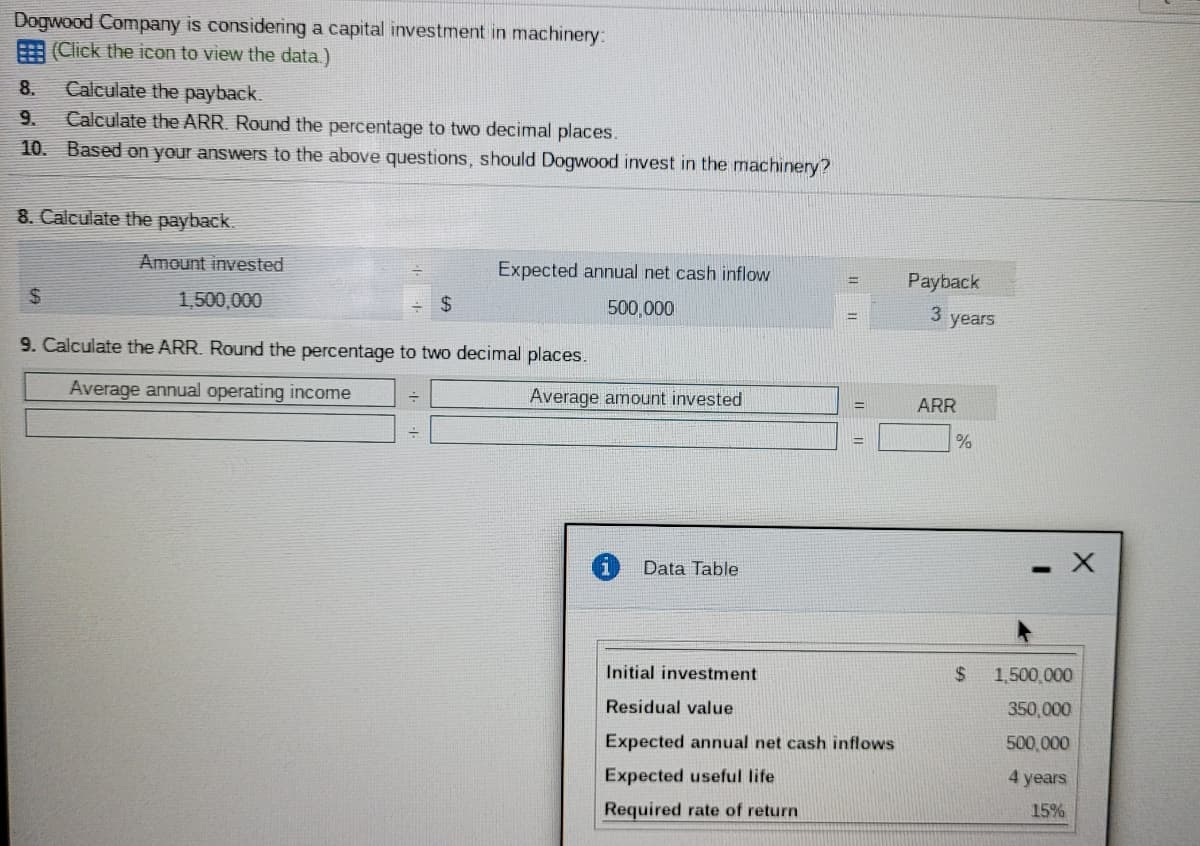 Dogwood Company is considering a capital investment in machinery:
(Click the icon to view the data.)
8.
Calculate the payback.
9.
Calculate the ARR. Round the percentage to two decimal places.
10. Based on your answers to the above questions, should Dogwood invest in the machinery?
8. Calculate the payback.
Amount invested
Expected annual net cash inflow
Payback
1,500,000
24
500,000
3
years
9. Calculate the ARR. Round the percentage to two decimal places.
Average annual operating income
Average amount invested
ARR
Data Table
Initial investment
$
1,500,000
Residual value
350,000
Expected annual net cash inflows
500,000
Expected useful life
4 years
Required rate of return
15%
