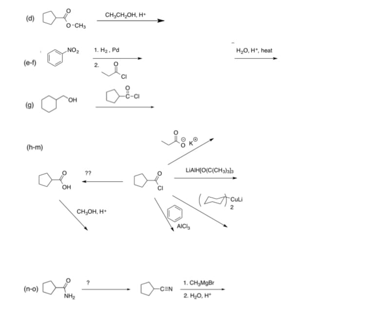 (d)
CH;CH,OH, H•
o-CH3
NO2
1. На. Pd
H,0, H*, heat
(e-1)
2.
(g)
(h-m)
LIAIH[O(C(CH3)3]3
??
OH
Culi
CH,OH, H*
AICI,
1. CH,MgBr
(n-о)
-CEN
NH2
2. H20, H*
