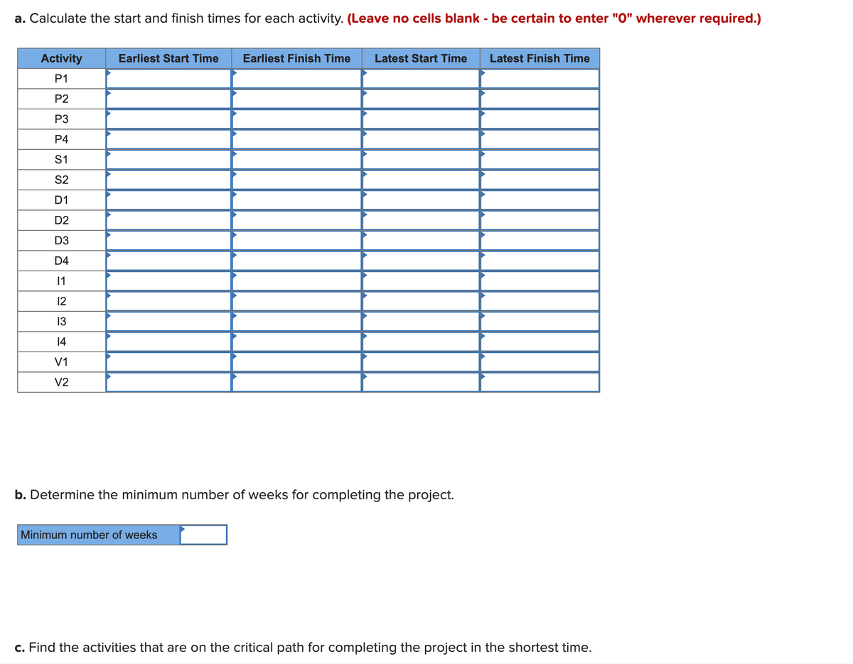 a. Calculate the start and finish times for each activity. (Leave no cells blank - be certain to enter "0" wherever required.)
Activity
P1
22ISX-~~~
P2
P3
P4
S1
D1
D2
D3
D4
11
12
13
14
V1
V2
Earliest Start Time Earliest Finish Time Latest Start Time
b. Determine the minimum number of weeks for completing the project.
Minimum number of weeks
Latest Finish Time
c. Find the activities that are on the critical path for completing the project in the shortest time.