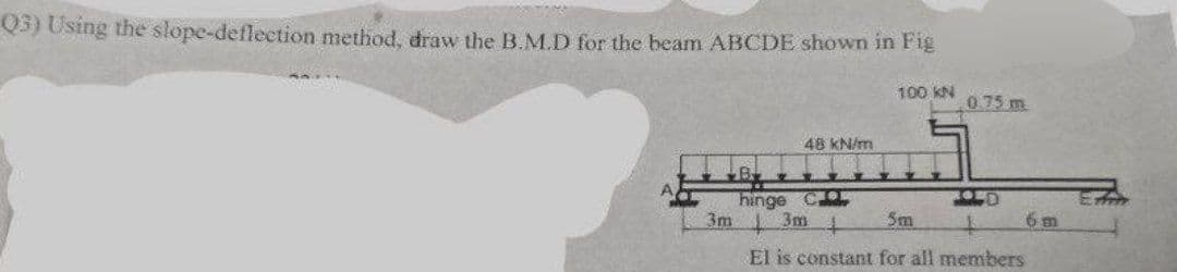 Q3) Using the slope-deflection method, draw the B.M.D for the beam ABCDE shown in Fig
100 kN
48 kN/m
0.75 m
hinge C
D
3m
3m
5m
6 m
El is constant for all members