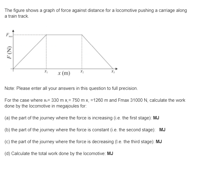 The figure shows a graph of force against distance for a locomotive pushing a carriage along
a train track.
x (m)
Note: Please enter all your answers in this question to full precision.
For the case where x:= 330 m x,= 750 m x, =1260 m and Fmax 31000 N, calculate the work
done by the locomotive in megajoules for:
(a) the part of the journey where the force is increasing (i.e. the first stage): MJ
(b) the part of the journey where the force is constant (i.e. the second stage): MJ
(c) the part of the journey where the force is decreasing (l.e. the third stage): MJ
(d) Calculate the total work done by the locomotive: MJ