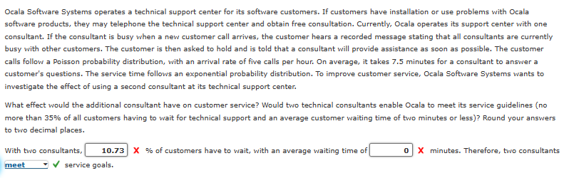 Ocala Software Systems operates a technical support center for its software customers. If customers have installation or use problems with Ocala
software products, they may telephone the technical support center and obtain free consultation. Currently, Ocala operates its support center with one
consultant. If the consultant is busy when a new customer call arrives, the customer hears a recorded message stating that all consultants are currently
busy with other customers. The customer is then asked to hold and is told that a consultant will provide assistance as soon as possible. The customer
calls follow a Poisson probability distribution, with an arrival rate of five calls per hour. On average, it takes 7.5 minutes for a consultant to answer a
customer's questions. The service time follows an exponential probability distribution. To improve customer service, Ocala Software Systems wants to
investigate the effect of using a second consultant at its technical support center.
What effect would the additional consultant have on customer service? Would two technical consultants enable Ocala to meet its service guidelines (no
more than 35% of all customers having to wait for technical support and an average customer waiting time of two minutes or less)? Round your answers
to two decimal places.
With two consultants, 10.73 X % of customers have to wait, with an average waiting time of
meet ✓ service goals.
0 X minutes. Therefore, two consultants