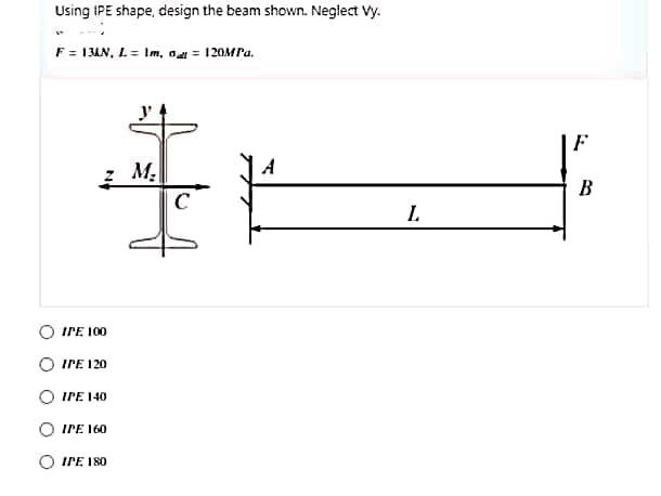 Using IPE shape, design the beam shown. Neglect Vy.
F = 13AN, L = Im, o = 120MP'.
F
M.
A
В
C
L.
IPE 100
IPE 120
IPE 140
IPE 160
IPE 180
