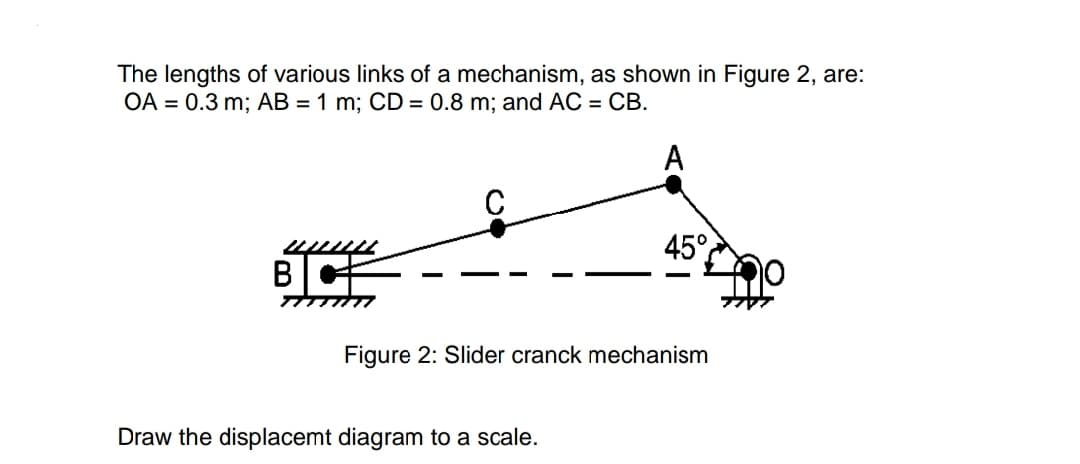 The lengths of various links of a mechanism, as shown in Figure 2, are:
OA = 0.3 m; AB = 1 m; CD = 0.8 m; and AC = CB.
A
45°
В
Figure 2: Slider cranck mechanism
Draw the displacemt diagram to a scale.
