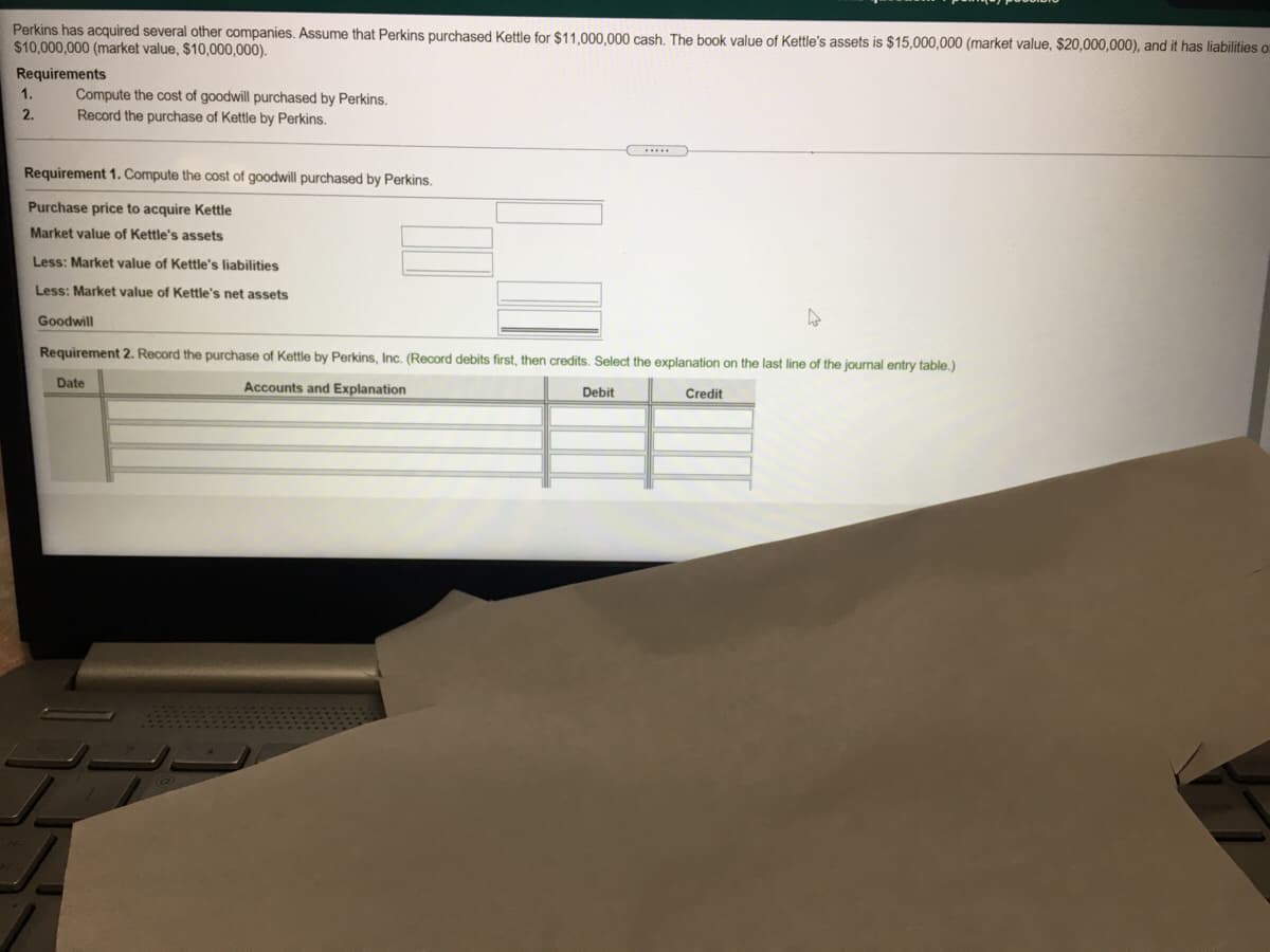 Perkins has acquired several other companies. Assume that Perkins purchased Kettle for $11,000,000 cash. The book value of Kettle's assets is $15,000,000 (market value, $20,000,000), and it has liabilities o:
$10,000,000 (market value, $10,000,000).
Requirements
Compute the cost of goodwill purchased by Perkins.
Record the purchase of Kettle by Perkins.
1.
2.
Requirement 1. Compute the cost of goodwill purchased by Perkins.
Purchase price to acquire Kettle
Market value of Kettle's assets
Less: Market value of Kettle's liabilities
Less: Market value of Kettle's net assets
Goodwill
Requirement 2. Record the purchase of Kettle by Perkins, Inc.. (Record debits first, then credits. Select the explanation on the last line of the journal entry table.)
Date
Accounts and Explanation
Debit
Credit
