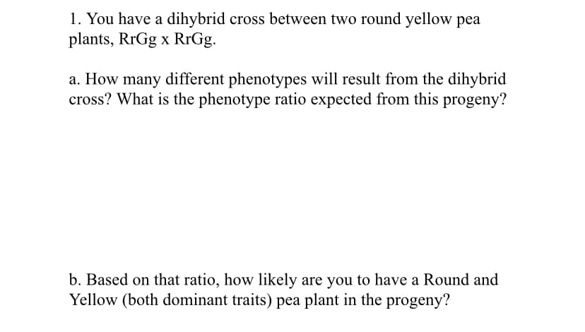 1. You have a dihybrid cross between two round yellow pea
plants, RrGg x RrGg.
a. How many different phenotypes will result from the dihybrid
cross? What is the phenotype ratio expected from this progeny?
