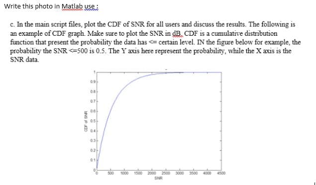 Write this photo in Matlab use:
c. In the main script files, plot the CDF of SNR for all users and discuss the results. The following is
an example of CDF graph. Make sure to plot the SNR in dB. CDF is a cumulative distribution
function that present the probability the data has <= certain level. IN the figure below for example, the
probability the SNR <=500 is 0.5. The Y axis here represent the probability, while the X axis is the
SNR data.
09
07
05
04
03
02
01
500
1000
1500
2000 2500
3000 3500
4000
4500
SNR
NS P 0
