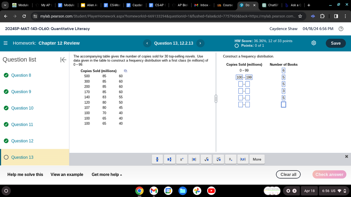 Module | My AP
Module
Alien As
CS-Mod
Cayden
CS-APE AP Biol M Inbox-in Course
Do x
ChatGP ❘b Ask a Q|+
C
mylab.pearson.com/Student/PlayerHomework.aspx?homeworkId=669133294&questionId=1&flushed=false&cid=7757960&back=https://mylab.pearson.com...✰
2024SP-MAT-143-0L60: Quantitative Literacy
Homework: Chapter 12 Review
Question list
K
Question 13, 12.2.13
The accompanying table gives the number of copies sold for 30 top-selling novels. Use
data given in the table to construct a frequency distribution with a first class (in millions) of
0-99.
Copies Sold (millions)
Question 8
500
85
300
85
200
85
Question 9
170
85
140
83
120
80
Question 10
107
80
45
100
70
100
65
40
Question 11
100
65
bbbhgཀྵgggg
60
60
60
60
55
50
40
40
Question 12
Question 13
Help me solve this
View an example
Get more help
Save
Caydence Shaw 04/18/24 6:56 PM
HW Score: 36.36%, 12 of 33 points
○ Points: 0 of 1
Construct a frequency distribution.
Copies Sold (millions)
0-99
Number of Books
100-199
+
4
√i
Vi
I,
(0,0) More
31
65535
X
Clear all
Check answer
Apr 18
6:56 US
×