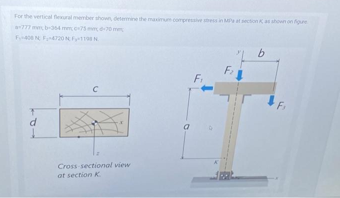 For the vertical flexural member shown, determine the maximum compressive stress in MPa at section K, as shown on figure
a-777 mm; b=364 mm; c=75 mm; d 70 mm;
F₁-408 N, F₂-4720 N; F₂=1198 N.
d
C
X
Cross-sectional view
at section K.
F₁
F₂
b
F₁