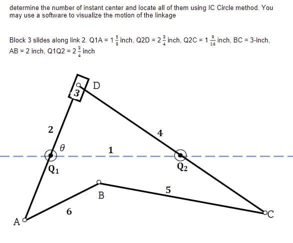 determine the number of instant center and locate all of them using IC Circle method. You
may use a software to visualize the motion of the linkage
Block 3 slides along link 2. Q1A = 1 inch, Q2D = 2 inch, Q2C = 1 inch, BC = 3-inch,
AB = 2 inch, Q1Q2 = 2 inch
D
3
2
4
1
Q2
Q1
B
A

