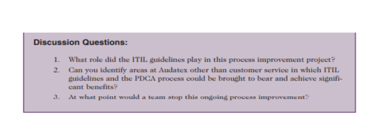 Discussion Questions:
1. What role did the ITIL guidelines play in this process improvement project?
2. Can you identify areas at Audatex other than customer service in which ITIL
guidelines and the PDCA process could be brought to bear and achieve signifi-
cant benefits?
At what point would a team stop this ongoing process improvement?
3.
