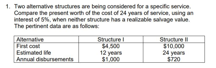 Two alternative structures are being considered for a specific service.
Compare the present worth of the cost of 24 years of service, using an
interest of 5%, when neither structure has a realizable salvage value.
The pertinent data are as follows:
Structure I
$4,500
12 years
$1,000
Structure II
$10,000
24 years
$720
Alternative
First cost
Estimated life
Annual disbursements
