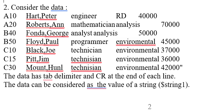 2. Consider the data :
A10 Hart, Peter
A20
B40 Fonda, George analyst analysis
B50
Floyd, Paul programmer
C10
Black, Joe
technician
C15
Pitt, Jim
technisian
C30 Mount. Hunl
technisian
The data has tab delimiter and CR at the end of each line.
The data can be considered as the value of a string($string1).
Roberts.Ann
engineer
mathematician analysis
RD 40000
70000
50000
enviromental 45000
environmental 37000
environmental 36000
environmental 42000"
2