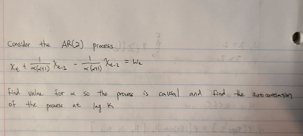 Consider the AR(2)
process
Ke-2=We
find value for &
ca usal and find the Auto comelation
So the
is
process
lag K
of the
at
process
