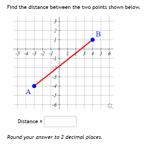 Find the distance between the two points shown below.
2-
B
-5 -4 -3 -2 -1
3 4 5 6
-3
-4
A
-5
Distance =
Round your answer to 2 decimal places.
9.
