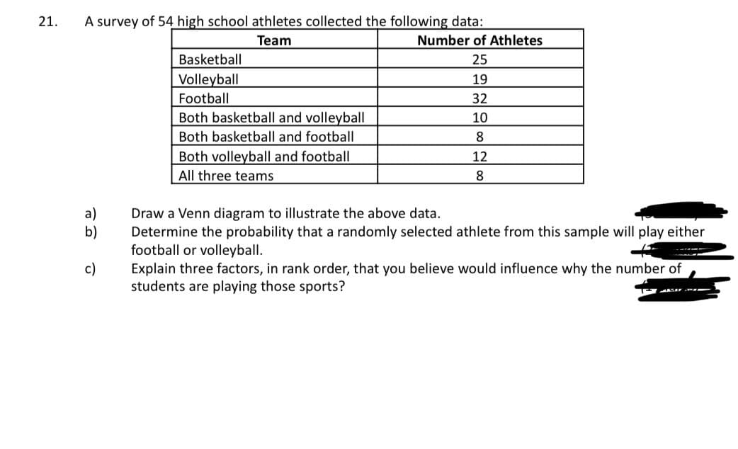21.
A survey of 54 high school athletes collected the following data:
a)
b)
c)
Team
Number of Athletes
Basketball
25
Volleyball
19
Football
32
Both basketball and volleyball
10
Both basketball and football
8
Both volleyball and football
All three teams
12
8
Draw a Venn diagram to illustrate the above data.
Determine the probability that a randomly selected athlete from this sample will play either
football or volleyball.
Explain three factors, in rank order, that you believe would influence why the number of
students are playing those sports?