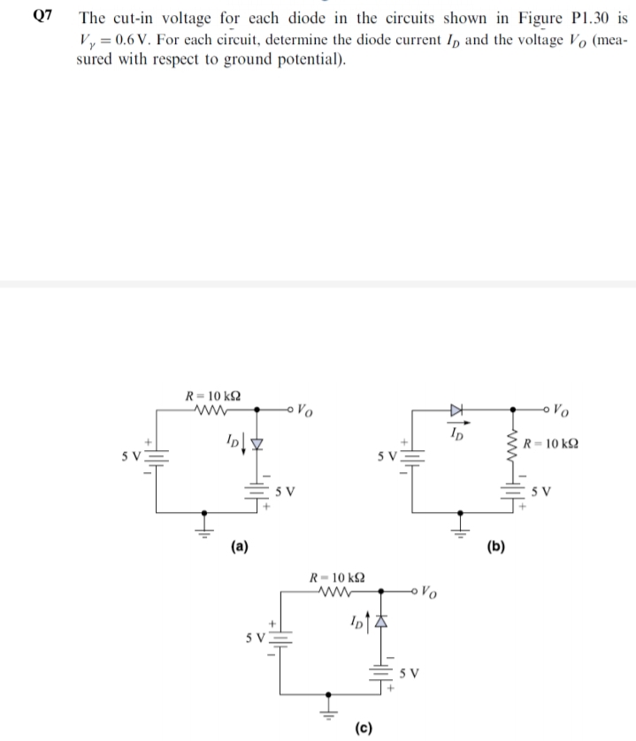 The cut-in voltage for each diode in the circuits shown in Figure Pl.30 is
V, = 0.6 V. For each circuit, determine the diode current I, and the voltage Vo (mea-
sured with respect to ground potential).
Q7
R= 10 k2
Vo
oVo
Ip
R= 10 k2
5 V
5V
5 V
5 V
(a)
(b)
R= 10 k2
Vo
5V
E 5 V
(c)
