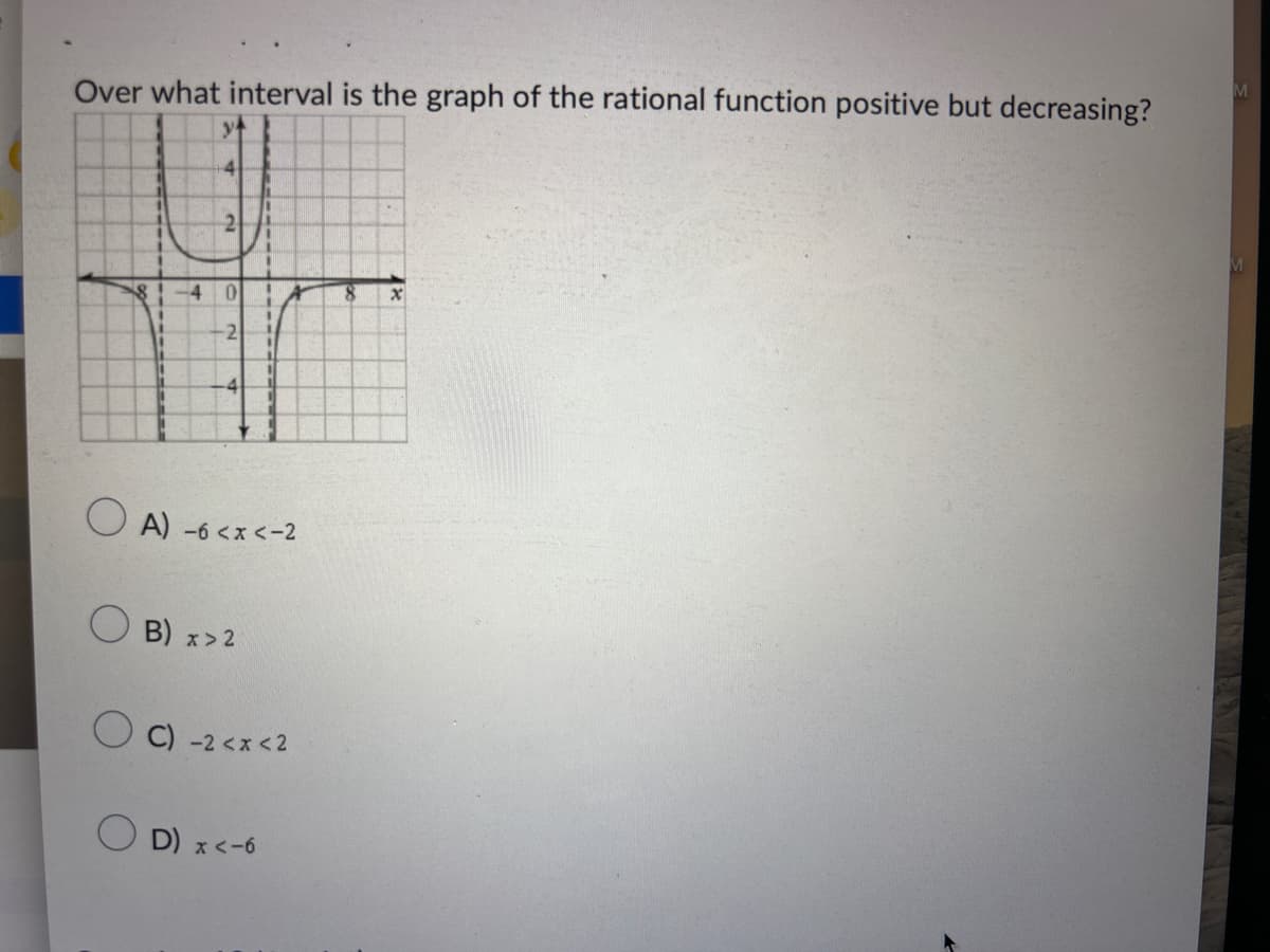 Over what interval is the graph of the rational function positive but decreasing?
T
4
2
1
8! -4 0
-2
11
11
-4
A) -6<x<-2
B) x > 2
A
C) -2<x<2
D) x <-6
8
x
M