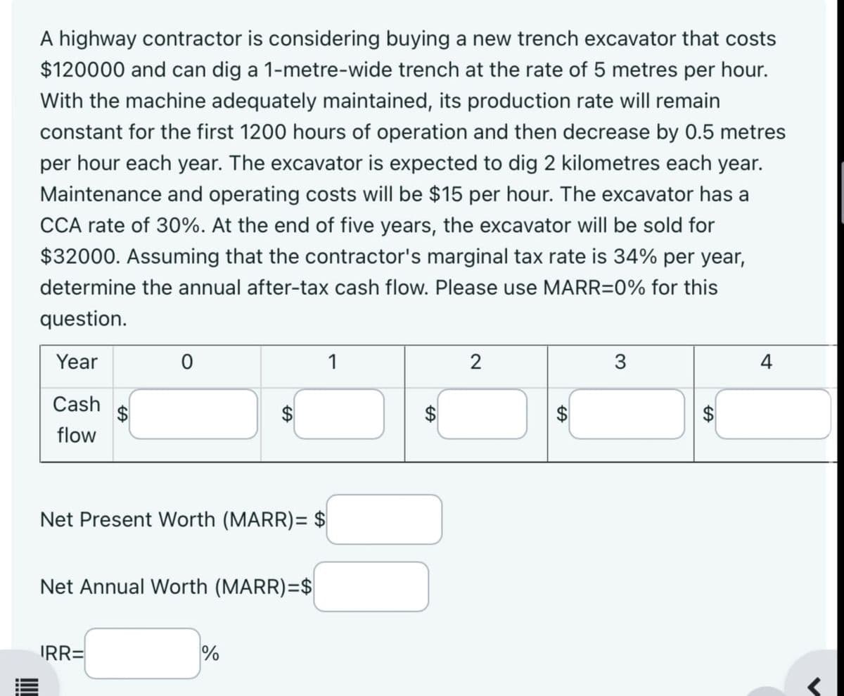 A highway contractor is considering buying a new trench excavator that costs
$120000 and can dig a 1-metre-wide trench at the rate of 5 metres per hour.
With the machine adequately maintained, its production rate will remain
constant for the first 1200 hours of operation and then decrease by 0.5 metres
per hour each year. The excavator is expected to dig 2 kilometres each year.
Maintenance and operating costs will be $15 per hour. The excavator has a
CCA rate of 30%. At the end of five years, the excavator will be sold for
$32000. Assuming that the contractor's marginal tax rate is 34% per year,
determine the annual after-tax cash flow. Please use MARR=0% for this
question.
Year
0
1
2
3
Cash
$
$
$
flow
Net Present Worth (MARR) = $
Net Annual Worth (MARR)=$
IRR=
%
A
4