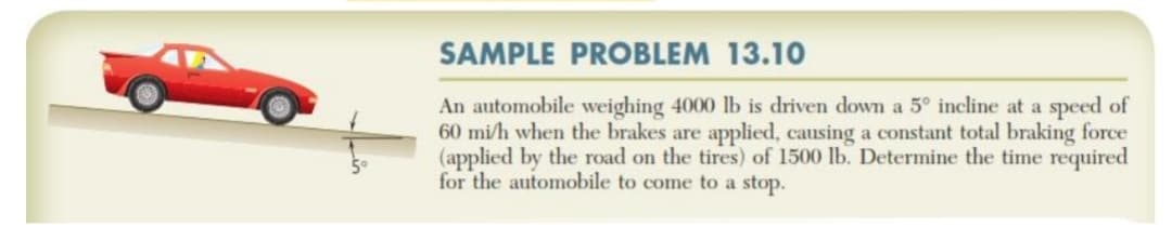 SAMPLE PROBLEM 13.10
An automobile weighing 4000 lb is driven down a 5° incline at a speed of
60 mi/h when the brakes are applied, causing a constant total braking force
(applied by the road on the tires) of 1500 lb. Determine the time required
for the automobile to come to a stop.
