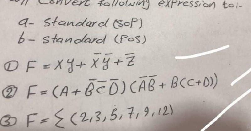 to ∙llowing expression tol-
a- Standard (SOP)
b- standard (Pos)
OF=XY+XY + Z
2 F=(A+B²D) (AB+B(C+D))
F = {(2,3, 5, 7, 9, 12)