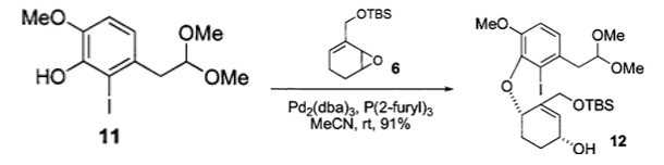 MeO.
HO
11
OMe
OMe
OTBS
Pd₂(dba)3, P(2-furyl)3
MeCN, rt, 91%
MeO.
OMe
OMe
OTBS
"OH
12