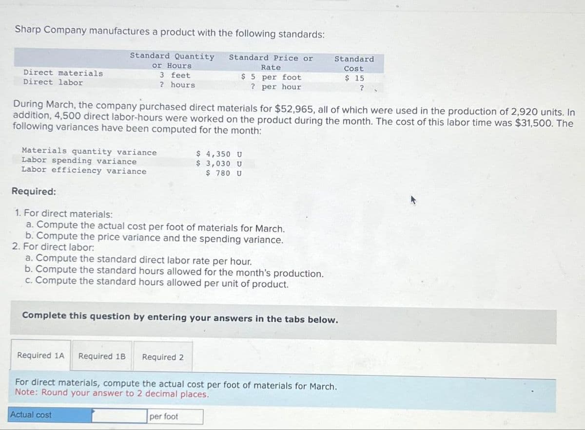 Sharp Company manufactures a product with the following standards:
Direct materials
Direct labor
Standard Quantity Standard Price or
or Hours
3 feet
hours
?
Materials quantity variance
Labor spending variance
Labor efficiency variance
Required:
1. For direct materials:
a. Compute the actual cost per foot of materials for March.
b. Compute the price variance and the spending variance.
2. For direct labor:
Rate
$5 per foot
? per hour
During March, the company purchased direct materials for $52,965, all of which were used in the production of 2,920 units. In
addition, 4,500 direct labor-hours were worked on the product during the month. The cost of this labor time was $31,500. The
following variances have been computed for the month:
a. Compute the standard direct labor rate per hour.
b. Compute the standard hours allowed for the month's production.
c. Compute the standard hours allowed per unit of product.
Required 1A Required 1B Required 2
Actual cost
$ 4,350 U
$ 3,030 U
$ 780 U
Complete this question by entering your answers in the tabs below.
Standard.
Cost
per foot
For direct materials, compute the actual cost per foot of materials for March.
Note: Round your answer to 2 decimal places.
$ 15
?