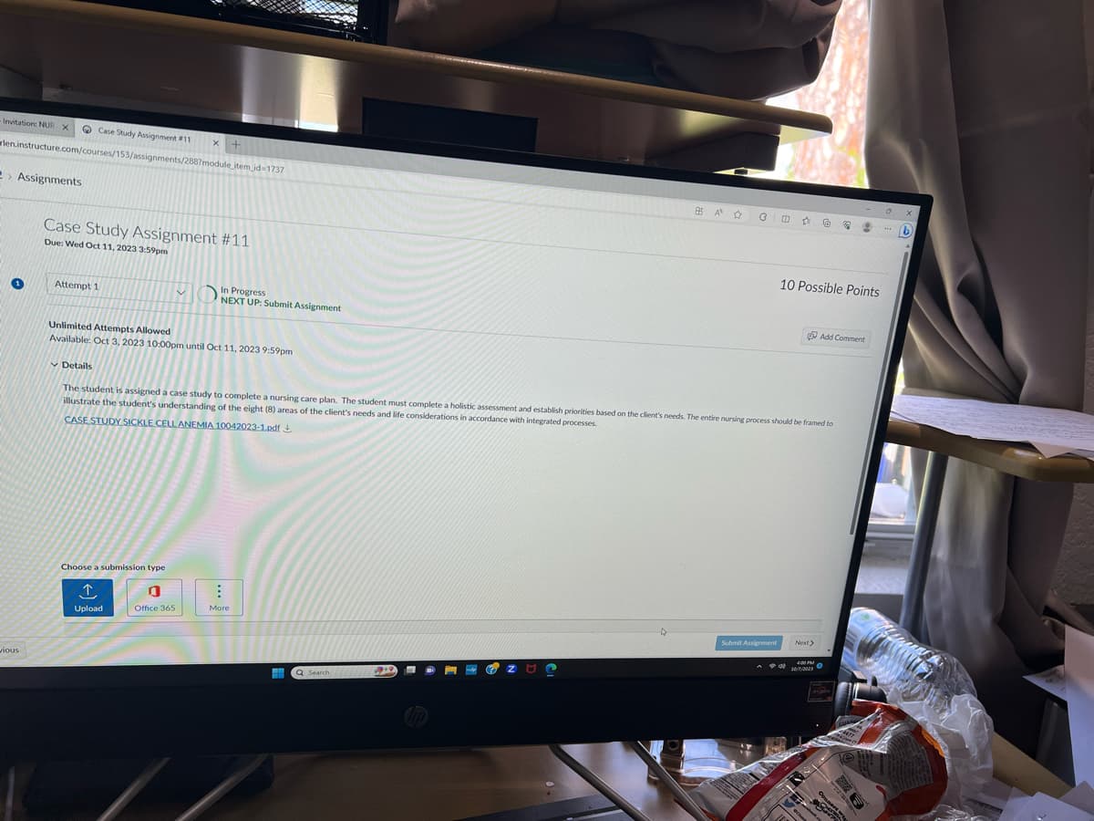 - Invitation: NUR X
Case Study Assignment #11
len.instructure.com/courses/153/assignments/288?module_item_id=1737
> Assignments
1
vious
Case Study Assignment #11
Due: Wed Oct 11, 2023 3:59pm
Attempt 1
x +
In Progress
NEXT UP: Submit Assignment
Unlimited Attempts Allowed
Available: Oct 3, 2023 10:00pm until Oct 11, 2023 9:59pm
Choose a submission type
↑
1
Upload
Office 365
:
More
E
Q Search
WW
Details
The student is assigned a case study to complete a nursing care plan. The student must complete a holistic assessment and establish priorities based on the client's needs. The entire nursing process should be framed to
illustrate the student's understanding of the eight (8) areas of the client's needs and life considerations in accordance with integrated processes.
CASE STUDY SICKLE CELL ANEMIA 10042023-1.pdf
9.9
1.
G
ZU
85 A
A
30
13
10 Possible Points
Submit Assignment Next>
40
6
400 PM
10/7/2023
ecert
Add Comment
@ •
SA
Connert wa
az
SANT
WA
O